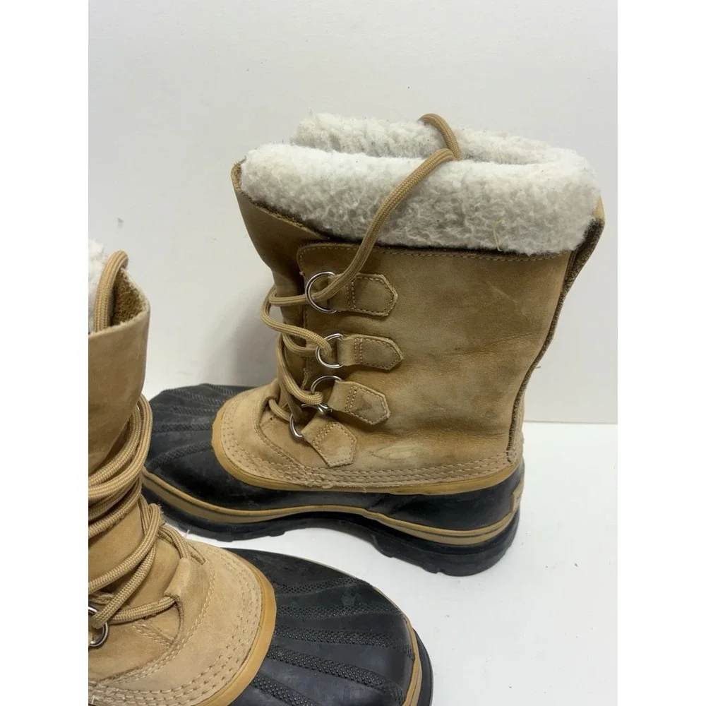 Sorel Caribou Women's Beige Leather, Waterproof Classic Lace Up Boots 8.5 Sherpa